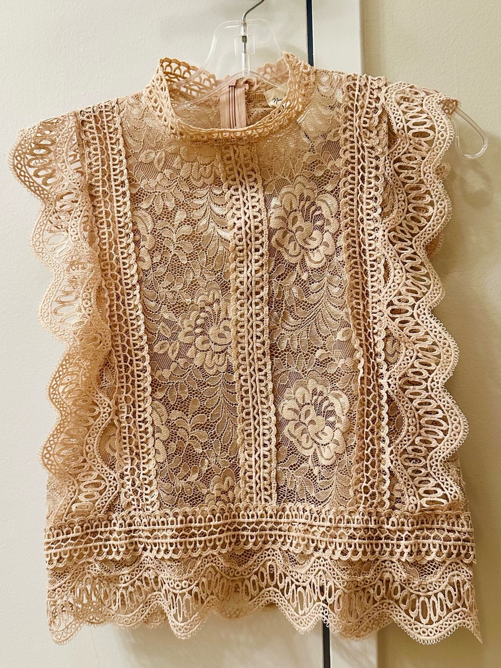 High-Neck Lace Sleeveless Top in Nude